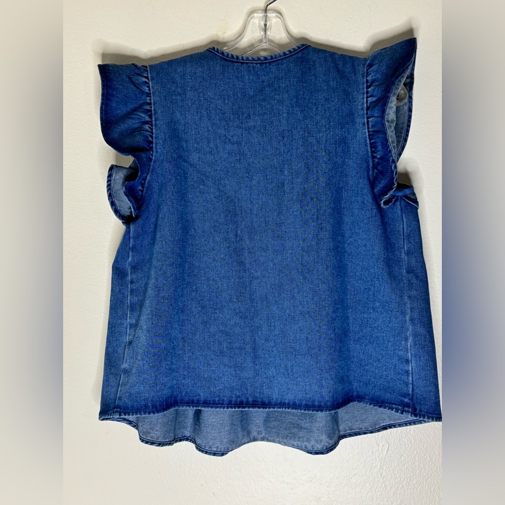Denim Sleeveless Ruffled Tie Front Blouse - Picture 2 of 4